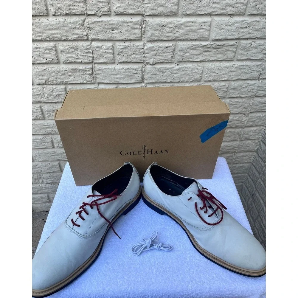 Cole Haan Grand OS Mens White Leather Oxford Shoes Burgundy Laces C23769 Size 11